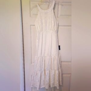 Lulus Ivory Midi Dress M High Neck  Ruffle Tier Skirt Sleeveless Coquette Fairy